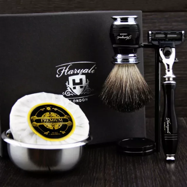 Men's Shaving Set ft Triple Edge & Pure Black Badger Brush Gift Kit for HIM