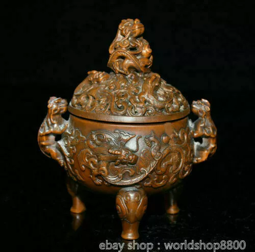 5" Old Chinese Boxwood Hand-carved Feng Shui Dragon Beast Ear Incense Burners