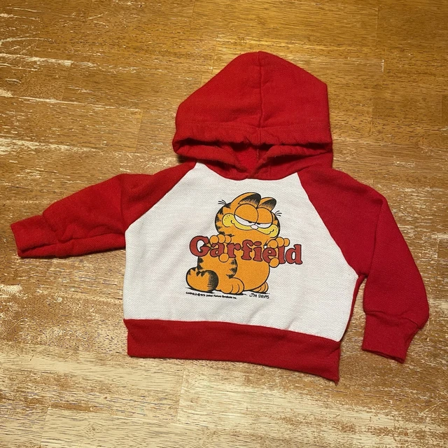 Vintage 1990s Garfield The Cat Toddler Red White Hoodie Sweatshirt Size 6 Months