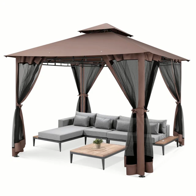 Pavillon 3x3m Gartenzelt Partyzelt Festzelt Luxus m/Moskitonetz Doppeldach NEU