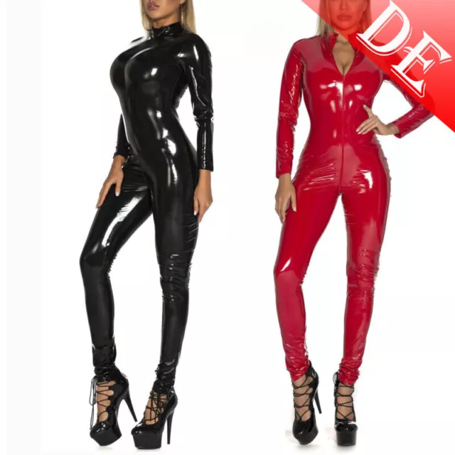 DE Damen Wetlook Bodysuit Lack Leder Catsuit Einteiler Overall Langarm Jumpsuit