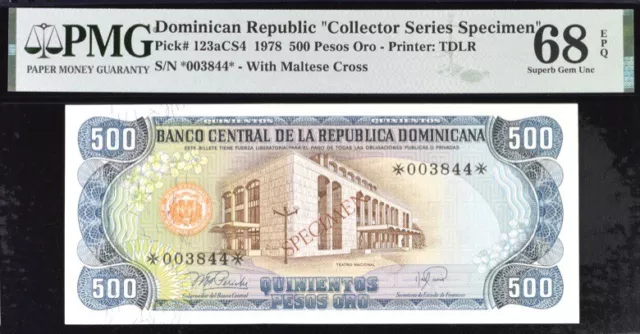 Dominican Rep 500 Pesos Oro P-123aCS4 1978 Specimen PMG 68 EPQ SG Unc Banknote