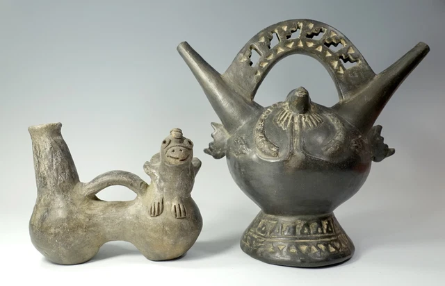 REPRO Vintage Pre Columbian Blackware Sican Pottery Bridge / Stirrup Vessel LOT