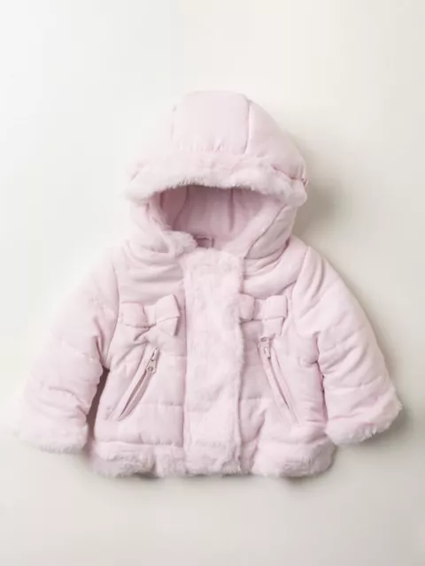 BNWT Baby Girls Quilted Coat with Faux Fur Trim & Bows Microfibre Hooded Jacket