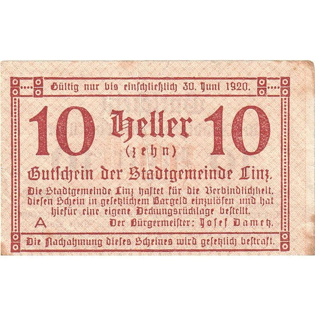 [#287961] Austria, Linz, 10 Heller, Texte, 1920, 1920-06-30, EF, Mehl:FS 529, a