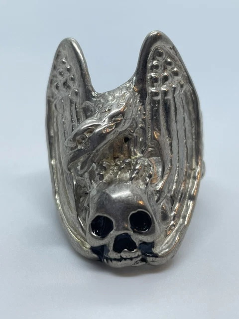 Sterling Silver Eagle Black Eyed Skull Motorcycle Biker Ring Men’s