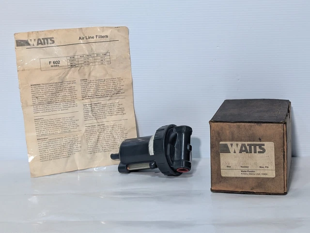 Filtre à Air Pneumatique Watts Fluidair F602-04WJ M5 - 250 PSI, 40 Microns, 1/2" NPT, Neuf