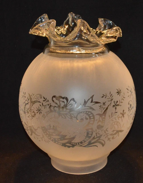 Vintage Victorian 8" Acid Etched Frosted Glass Lamp Shade Ruffle 4" Fitter Wow! 3