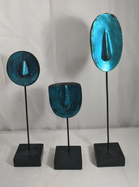Modernist Turquoise Blue Stand Sculpture Set of 3 Mask Head