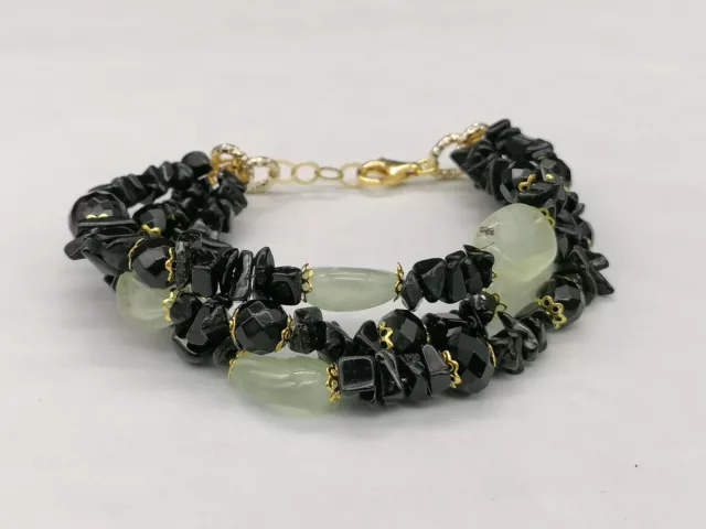 Femmes Bracelet Multifils Tourmaline Noir Quartz Tormalinato Vert Et Argent