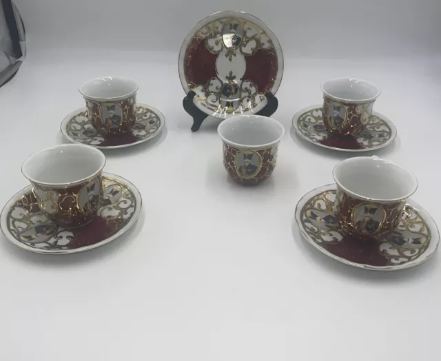 Gold Encrusted 5 Demitasse Cups & 5 Saucers Emperor Design Villa Handy Crafts