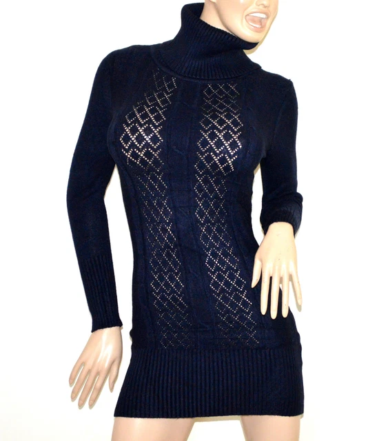 MINI ABITO MAXI PULL BLU donna vestito collo alto dolcevita manica lunga G10