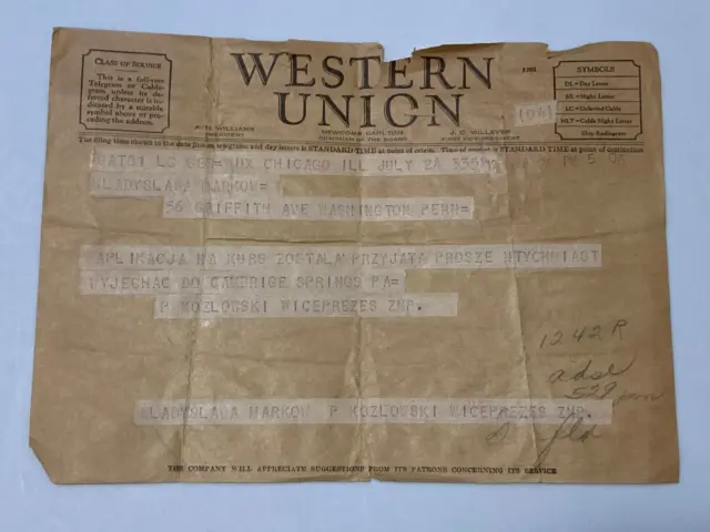 1944 WWII Vintage Western Union Telegram from Chicago, IL to PA -Polish Language