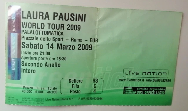 Biglietto Concerto LAURA PAUSINI World Tour 2009 PALALOTTOMATICA Roma Ticket