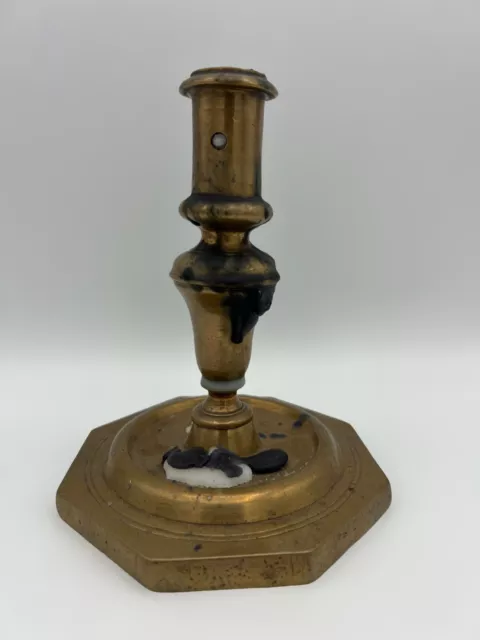 An Antique 17th Century Brass/bronze French Candlestick With A Nice Patina