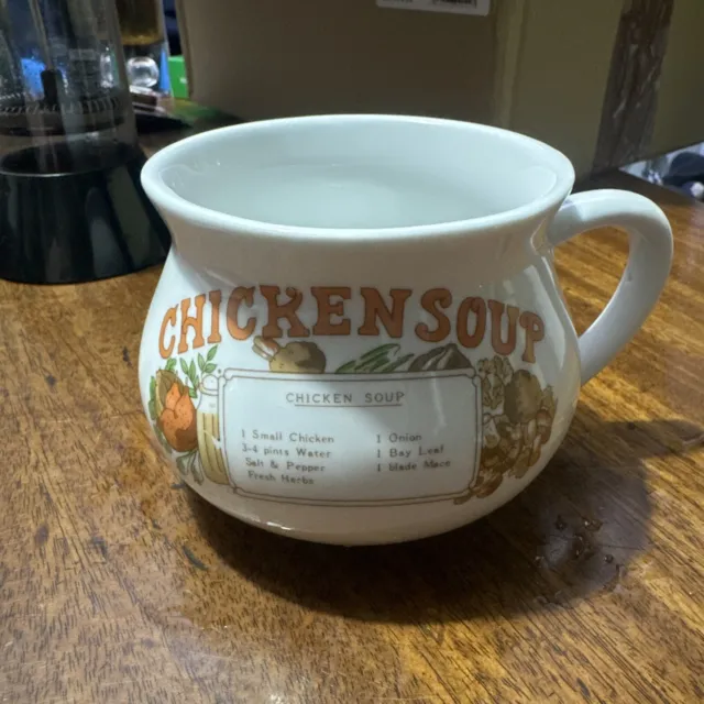 Vintage Retro Ceramic 1970s Chicken Soup Recipe Mug Cup Bowl with Handle