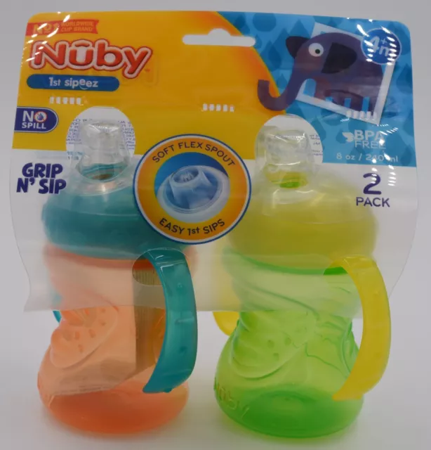 Nuby 2-Pack Two-Handle No-Spill Grip N' Sip Cups, 8 Ounce, Green & Orange