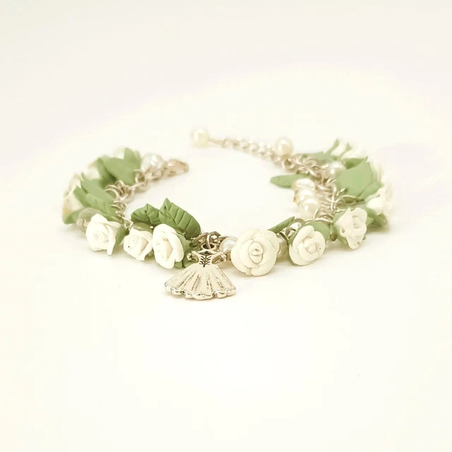Handcrafted Porcelain White Flower Bracelet 6.5" Silver Dress Charm. Made in USA