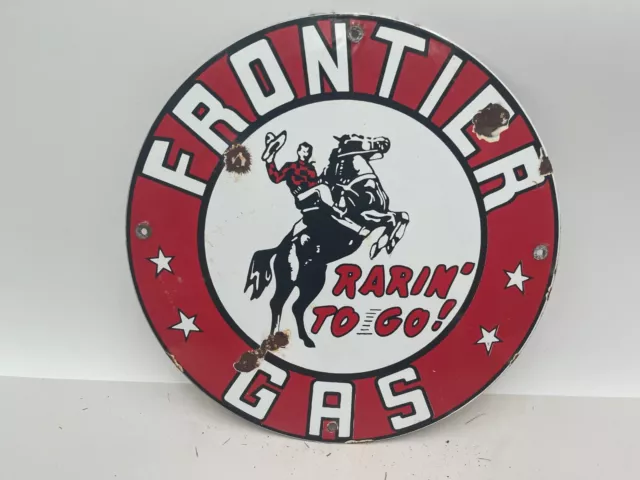 Vintage 1960's Frontier Gasoline RARIN' TO GO Porcelain Sign 12"