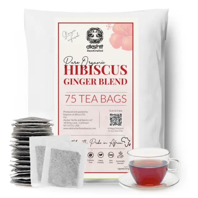75 Organic Hibiscus Tea Bags, Hibiscus Ginger Tea Blend, Caffeine Free