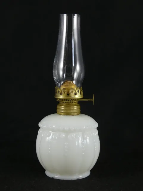 Antique opaline white milk glass embossed beaded miniature oil lamp P&A Acorn