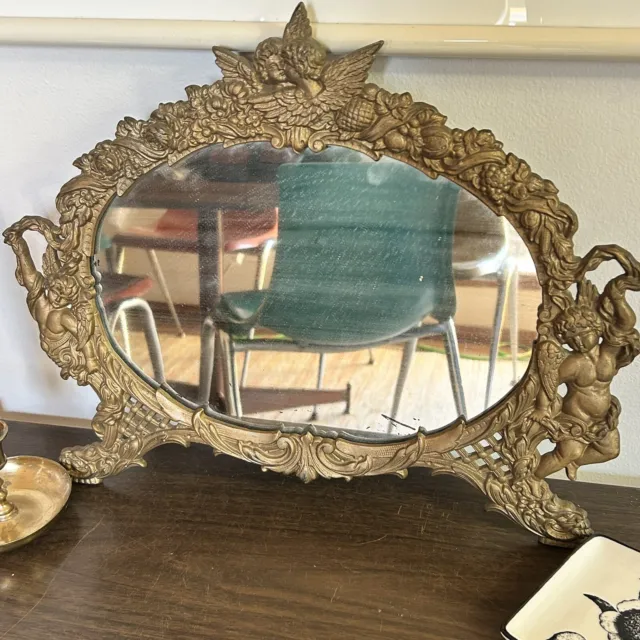 Vintage Mirror  Brass Oval Frame Easel Back Mirror Cherubs BIG 16" x 13" Nice!