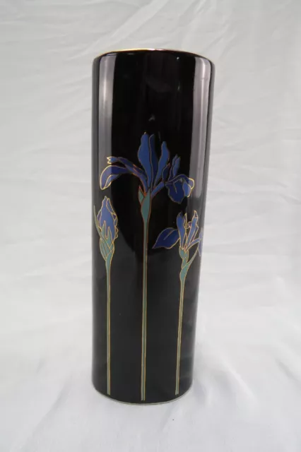 6.5" Otagiri Blue Iris Bud Vase, Japan, Blue Flowers on Black w/ Gold Tim