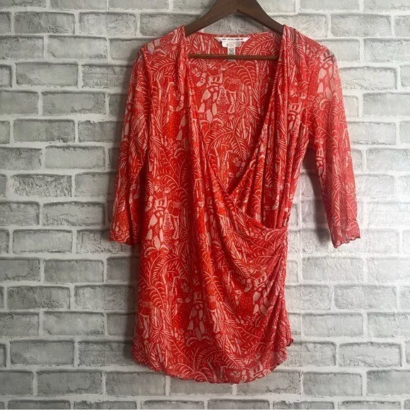 Diane Von Furstenberg Bright Red Orange Artsy Silk Sheer Wrapped Blouse Sz Large