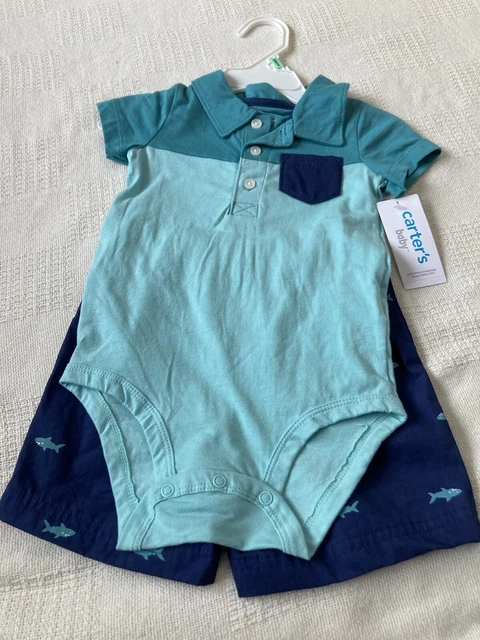 Carters baby boy 2 piece blue/green shark knit /cotton short outfit size 18M NWT