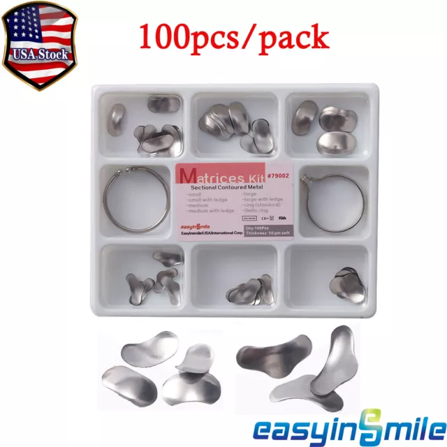 100Pcs Dental Matrix Ring Sectional Contoured Metal Matrices Full Kit 50μm S/M/L