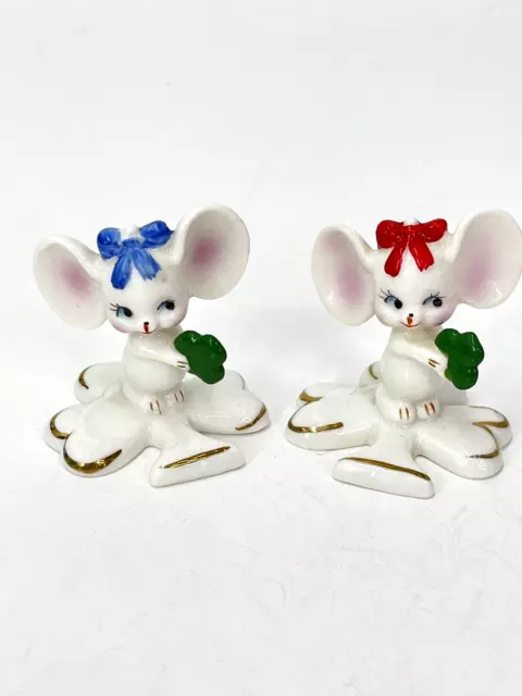 Vtg Set Ceramic Lefton Girl Mouse Big Ears Holding Clover Shamrock St. Patrick's