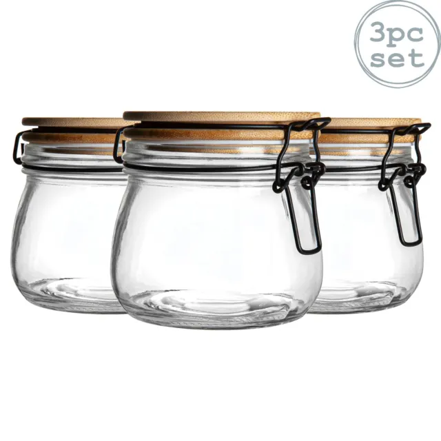 3pc Airtight Storage Jar - Wooden Lid Round Glass Canister 500ml