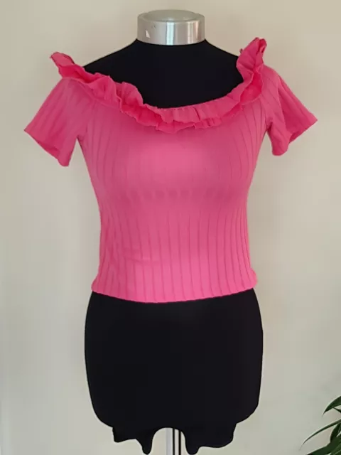 Zara Pink Short Sleeve Ribbed Off Shoulder Ruffle Cropped Top Size S