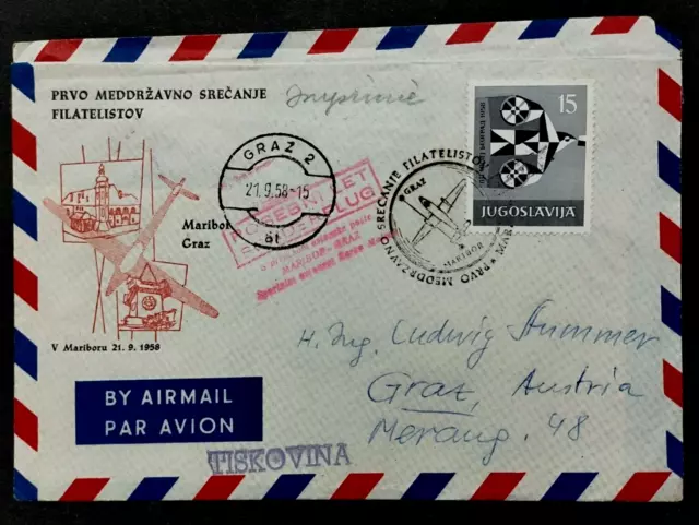 Yugoslavia 1958 Airmail Cover to Austria - Special Flight Maribor-Graz