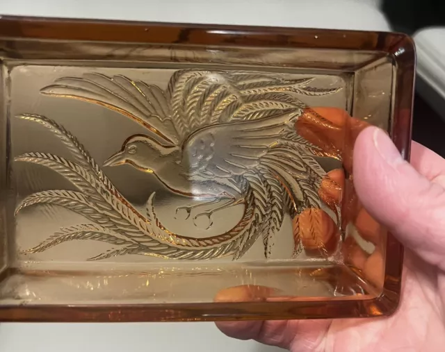 Vintage Indiana Glass Tiara Exclusive AMBER Trinket Box Bird of Paradise No Lid