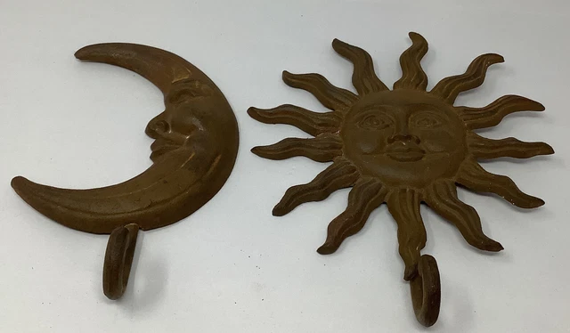 Cast Iron Crescent Moon and Sun Hat Coat Hook Rack Towel Keys Holder set vintage