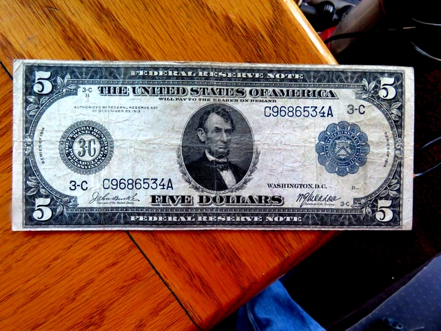 Series 1914 Large Size Blue Seal $5 Fed Reserve Note 3-C FINE+ No Pinholes