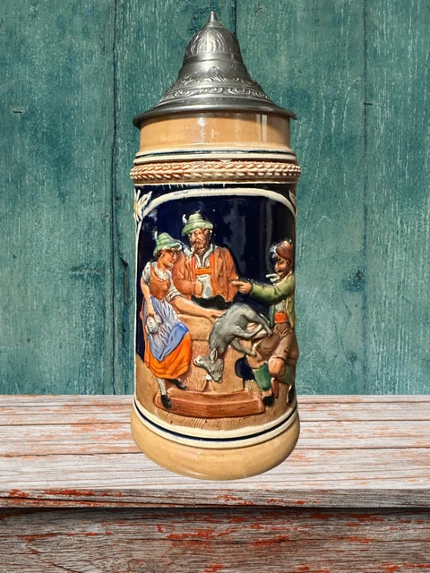 Antique Large German Stoneware Beer Stein, Scenic with Figures, c1900