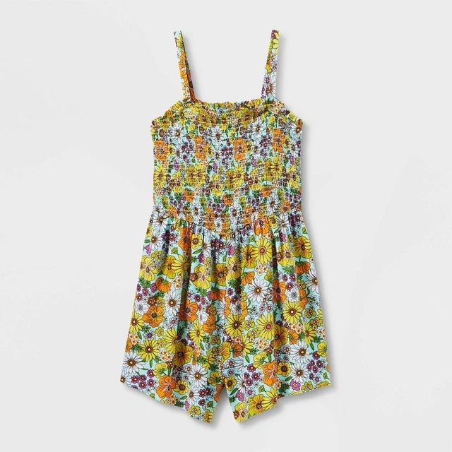 Art Class Girls' Smocked Romper - art class Aqua/Orange Floral M