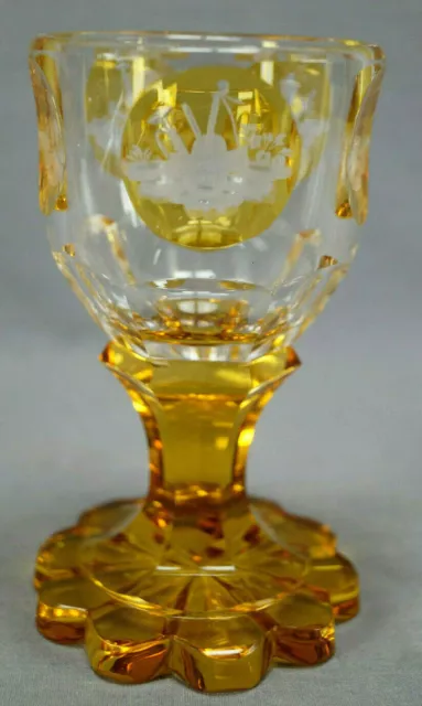 Bohemian Engraved Musical Instruments Hearts Amber Stained Cut Goblet Circa 1840