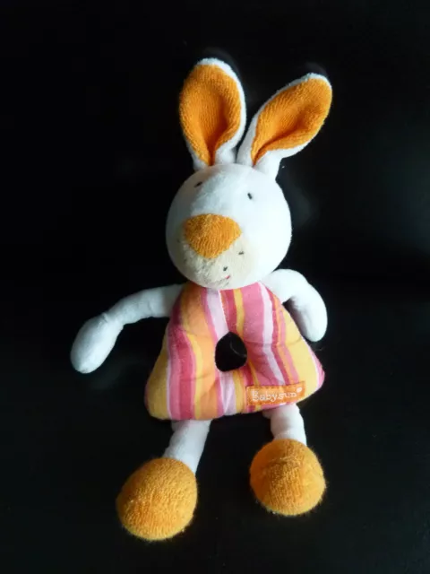 D5 - Doudou Hochet Babysun Lapin Triangle Orange Rose Jaune Grelot Tbe
