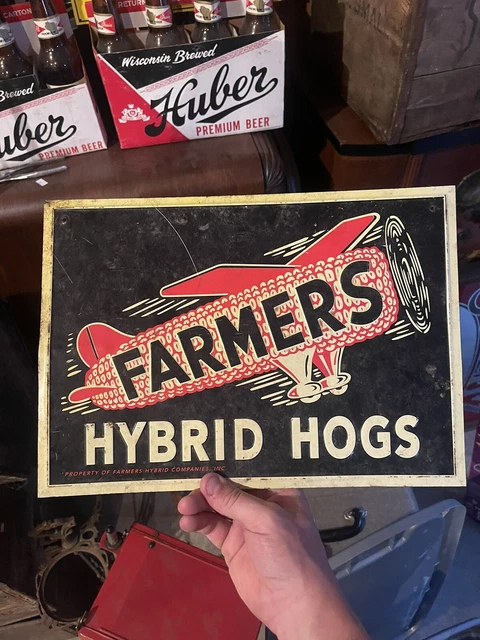 Vintage Farmers Hybrid Hogs Metal Embossed Sign Gas Oil Farm Airplane Cow Pig