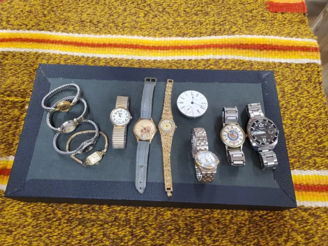 Lot Of 10 Vintage Watches & Pocket Watch Movment, Gold & Silver Toned Gold Filld