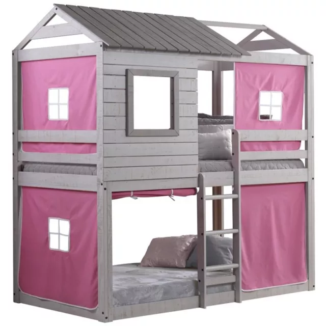 Rosebery Kids Twin Over Twin Solid Wood Bunk Bed with Pink Tent in Gray