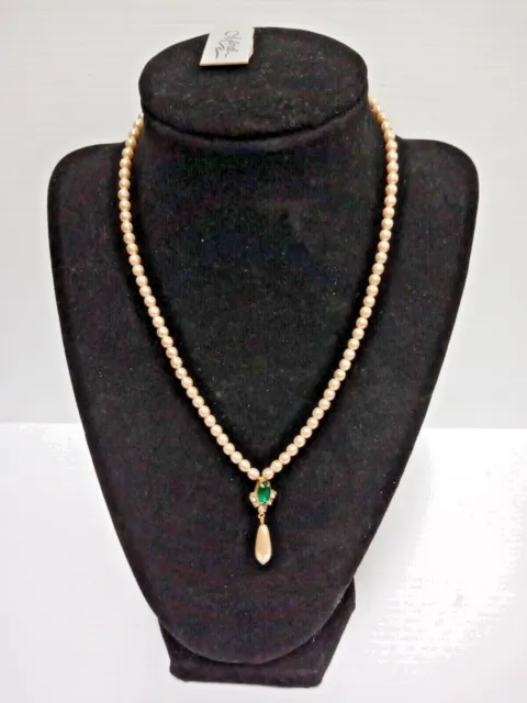 NEW Vtg Mariell Pearl Necklace w/Pearl Drop, Faux Marquise Emerald & CZ  FC93/2