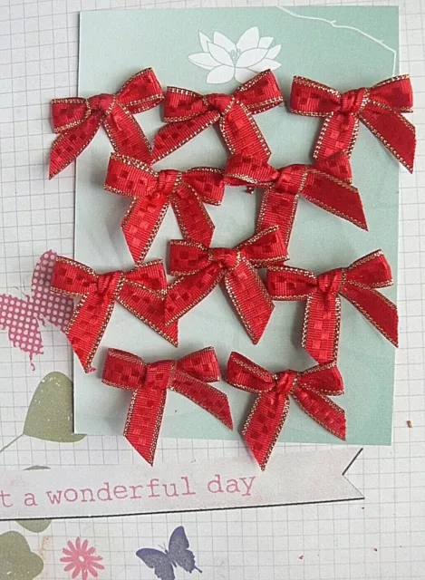 Satin Bows 2.5cm - 10 - RED Embroidered with GOLD lines - both Edges GreenTara A