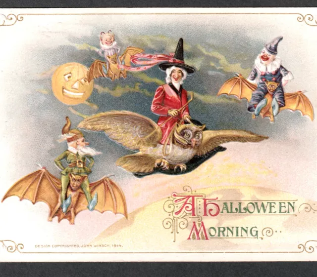 Winsch 1914 Schmucker A Halloween Morning Witch Clown Elf Owl Antique PostCard