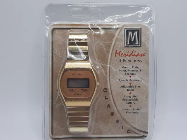 Vintage New Old Stock Meridian Class LCD Men Quartz Retro Stretch Stainless Band