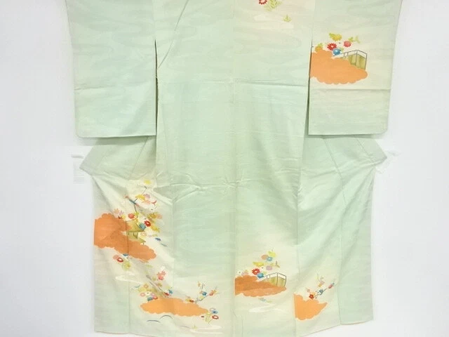 37378# Japanese Kimono / Antique Kimono / Embroidery / Cloud & Floral Plants