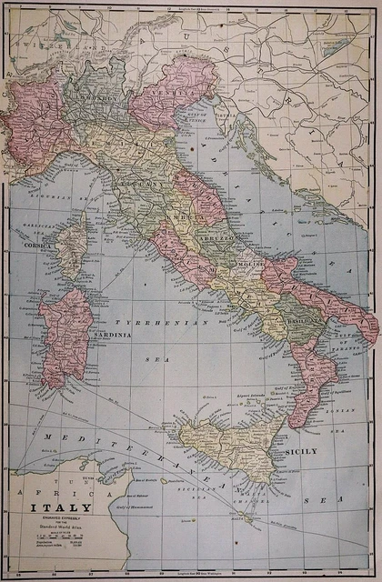 Old Lg (17"x12") 1889 Cram's Atlas Map ~ ITALY ~ Free S&H